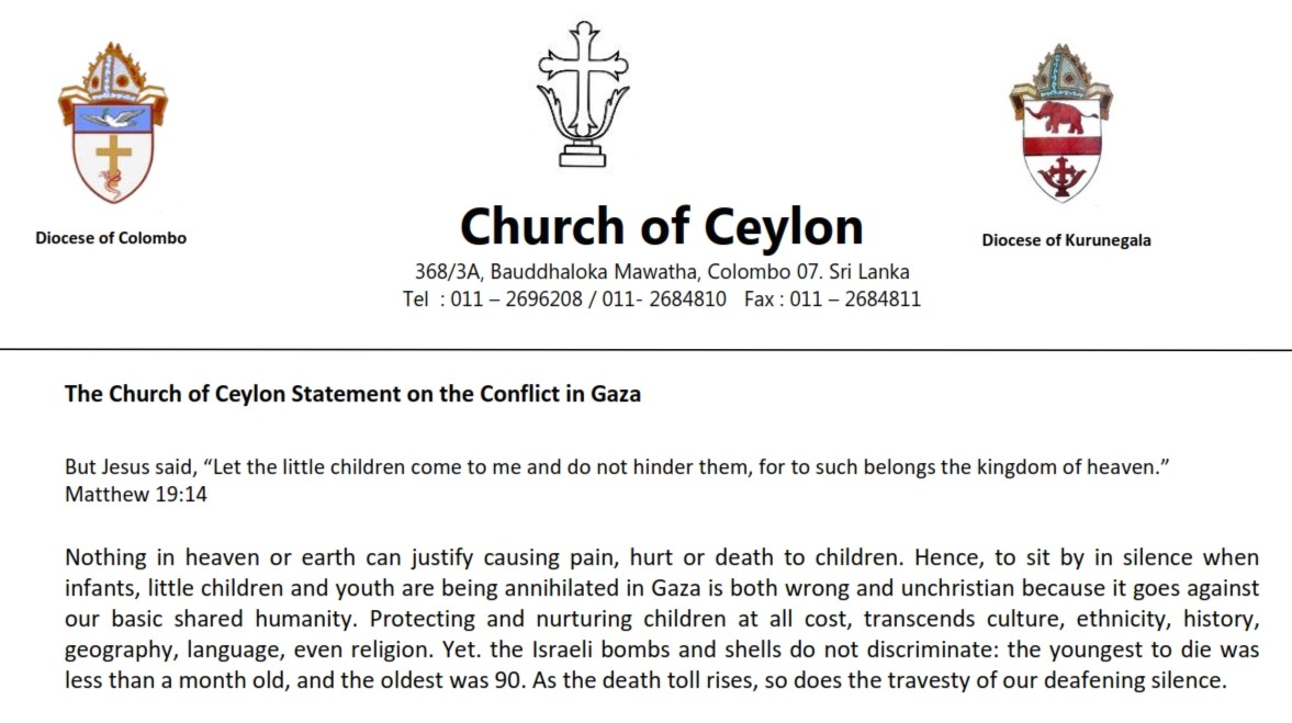 Statement by the Church of Ceyon on Conflicts in Gaza